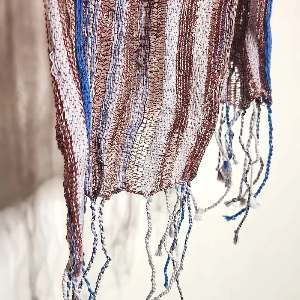 Boho Striped Brown, White and Blue Accent Scarf